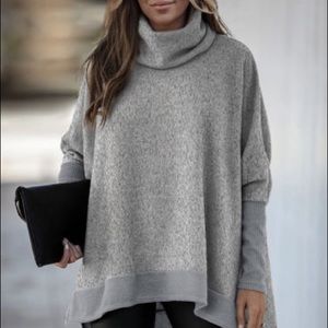 Gray Turtleneck Bat Sleeve Side Slit Tunic Top